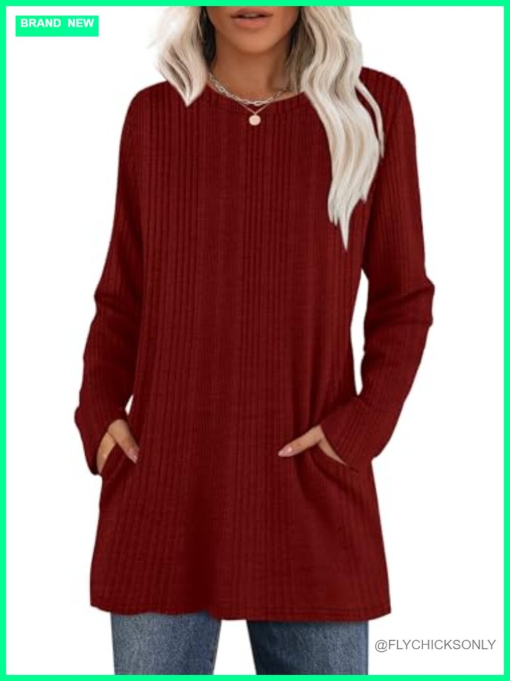 Long Sleeve Crewneck Tunic Top Loose Fit Sweater with Pockets